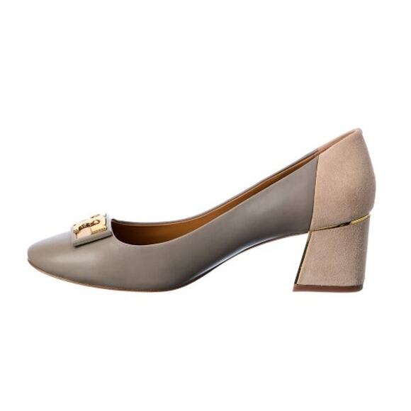 Tory Burch Gigi Taupe Gray Heron Leather Logo Block Heel Pump Sz. 9.5 - Picture 2 of 11